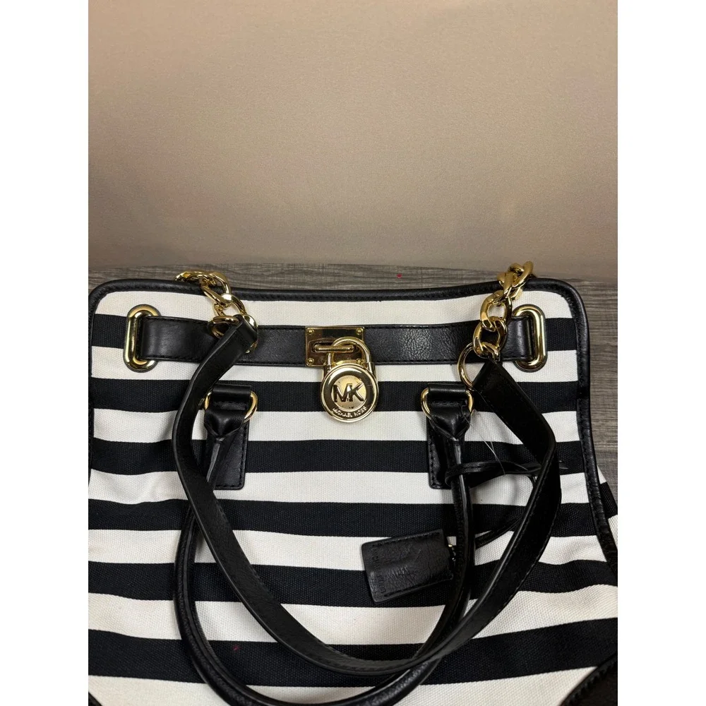 Michael Kors Hamilton Tote Bag Black White Striped Canvas Leather Gold Hardware